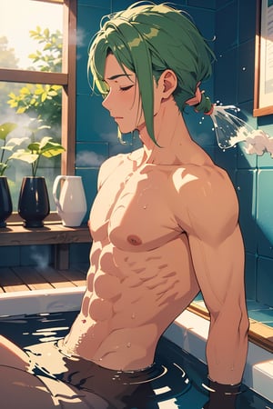 Highly detailed, masterpiece, high quality, beautiful, high resolution, original, 1 man, a vibrant scene in a sunlit park. 1 young adult completely naked, his green hair, long and loose, the length is up to his neck, in a Japanese bath with ofuru. Inside an ofuro, his toned physique, the water falls down his body. Wet hair, body in profile, 8k, defined face, closed eyes, pink nipples, chest hair, pubic hair, defined pecs, biceps, abs, body in medium profile, arms at the sides, steam in the air, a window on the wall, you can see the evening, long bob hair,steaming,inside the water, the water covers up to your abs