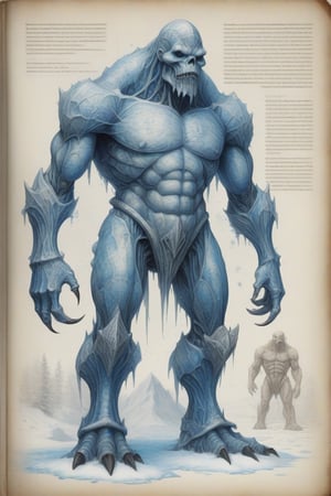A captivating vintage concept art illustration of an Ice Golem, a towering humanoid creature with an intricate, frost-covered structure. The page appears to belong to an old textbook with pencil and watercolor drawings, adding to its aged charm. The golem stands against a snowy backdrop, and the attached diagrams reveal the detailed anatomy of its large body. The monster level is displayed from 10 to 25, showcasing the artist's exceptional skills in anatomy, proportions, and illustration. The combination of the chilling blue hues and the worn appearance of the page makes this a truly mesmerizing work of conceptual art., conceptual art, illustration