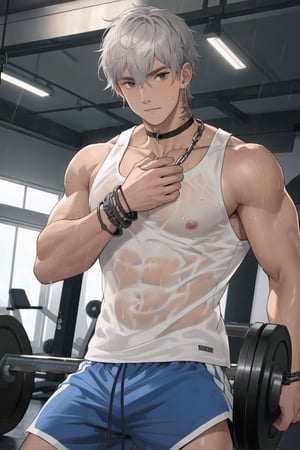 masterpiece, high definition, perfect quality,Vibrant, looking at the viewer, short hair, in a gym , 1boy, inside, day, tank top, white tank top, hair between the eyes, jewelry, closed mouth, nipples, gray hair, male focus, earrings, choker, sweaty body, tattoos, necklace, bracelet, gray eyes, wet, , muscle, chain, piercing, abs, pectoral, muscular, male, rope, nipple pircing,blue shorts, wet,
