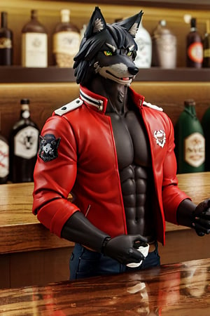 A collector's figure-style image of an anthropomorphic furry black wolf with a black neck tuft and green eyes, wearing a red jacket and black jeans, serving as a bartender at a bar he owns, with a muscular body.
