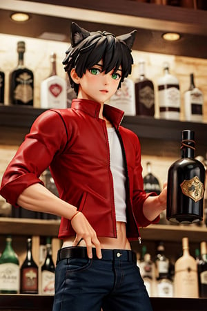 A collector's figure-style image of a boy with black wolf ears, a black neck tuft, and green eyes, wearing a red jacket and black jeans, serving as a bartender at a bar he owns, with a muscular body.
