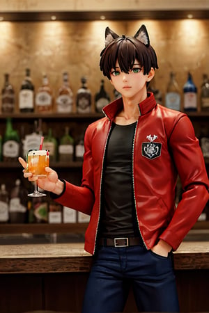 A collector's figure-style image of a boy with black wolf ears, a black neck tuft, and green eyes, wearing a red jacket and black jeans, serving as a bartender at a bar he owns, with a muscular body.
