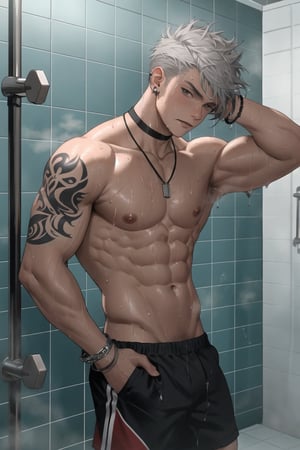 masterpiece, high definition, perfect quality,Vibrant, looking at the viewer, short hair, in the shower of a gym, 1boy, inside, day, completely naked, hair between the eyes, jewelry, closed mouth, nipples, gray hair, male focus, earrings, choker, sweaty body, tattoos, necklace, bracelet, gray eyes, wet, , muscle, chain, piercing, abs, pectoral, muscular, male, nipple pircing,,standing, steam, steam covers his hips, wet hair wet body