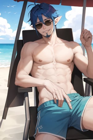 masterpiece, high definition, perfect quality, ao_no_exorcist, mephisto_pheles, solo, looking at viewer,on the beach, smile, shirtless, 1boy, seated, blue hair, male focus, beach shorts, facial hair, crossed legs, ,pointy ears, perfect proportions, perfect hands, beautiful, 8k, beautiful eyes, perfect pupils, perfect pupil,,1boy,ahoge,sunglasses, blue sunglasses, raising the sunglasses
