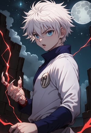 Score_9_up, Score_8_up, Score_7_up, Very detailed, high quality, masterpiece, beautiful, , killua_zoldyck, 1boy, solo, looking at viewer, short hair, open mouth, bangs, blue eyes, shirt, long sleeves, hair between eyes, upper body, white hair, male focus, looking back, electricity, magic, male child, score_8_up, rating_safe, shading, detailed background, good illumination, shiny leather, defined, a cliff, night, stars, full moon, full moon in the backgrounddetails(lora:xl_char_killua_zoldyck:1.0), (countershading: 1.1) (Electrokinesis:1.3),perfect hands, good handes, perfect fingers, evil expression, murderous expression, blood on the face, blood on the hands, long nails,gore atmosphere, yandere, terrifying atmosphere,empty eyes,,lost look, cloudy look, serious expression, death expression
