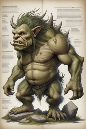 An incredibly detailed concept art illustration of the anatomy of a derica troll type monster. The page seems to belong to an old textbook, with pencil and watercolor illustrations, some torn paper marks, giving off a vintage charm. The rock trios so. stone color. The attached diagrams reveal the intricate structure of its large body that has stone parts and grows moss against the elongated, 2-meter-high backdrop of a mountainous area. The overall composition is a testament to the artist's mastery of correct anatomy, good proportions and exceptional illustration skills, making it a captivating work of conceptual art. Monster level shown from 10 to 25, illustration, concept art, illustration, concept art, concept art, illustration, concept art, concept art, illustration

