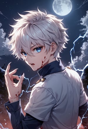Score_9_up, Score_8_up, Score_7_up, Very detailed, high quality, masterpiece, beautiful, , killua_zoldyck, 1boy, solo, looking at viewer, short hair, open mouth, bangs, blue eyes, shirt, long sleeves, hair between eyes, upper body, white hair, male focus, looking back, electricity, magic, male child, score_8_up, rating_safe, shading, detailed background, good illumination, shiny leather, defined, a cliff, night, stars, full moon, full moon in the backgrounddetails (lora:xl_char_killua_zoldyck:1.0), (countershading:1.3)  (Electrokinesis:1.3),perfect hands, good handes, perfect fingers,evil expression, murderous expression, blood on the face, blood on the hands, long nails,gore atmosphere, yandere, terrifying atmosphere,empty eyes,ladyshadow,CarnageStyle,lighting_thunder, lightning,electricity, glowing, serious expression, death expression, death eyes,BloodOnScreen