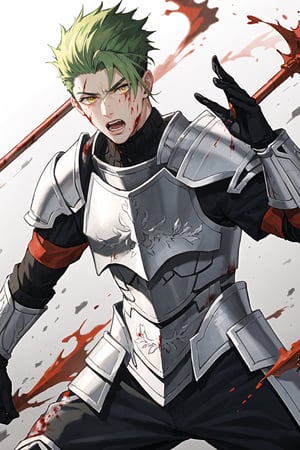 masterpiece, high definition, perfect quality,Vibrant,solo,screaming,serious look,gloves,1boy,yellow eyes,weapon,male focus,green hair,holding weapon,armor,polearm,spear,in the background a battlefield,blood on the armor,blood on the face,preparing to throw the spear,good quality,perfect proportions,perfect hands,beautiful,8k,beautiful eyes,perfect pupils,perfect pupil,1guy,anime,achilles,fgo