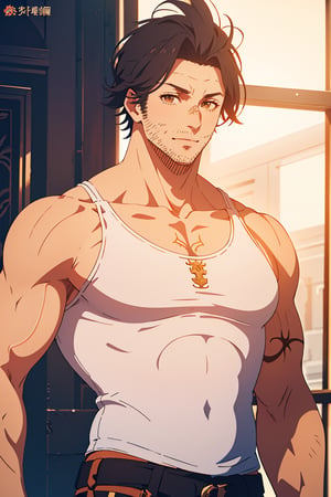 masterpiece, best quality, highly detailed character, body, alone, male focus, 1 man, yami sukehiro, muscular man, facial hair, sideburns, stubble, slight smile, looking at viewer, tank top, white tank top, black capelet, brown eyes, black bull embroidery, YAMI Sukehiro, best quality