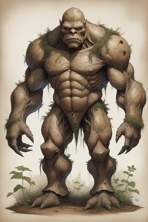 An exquisite concept art illustration of a golem, a ground monster with an intricate structure and large humanoid body. The creature has earthy brown tones, with lush vegetation growing all over its form. The vintage charm of the page, complete with pencil and watercolor illustrations, earth-colored ink stains, and a worn texture, adds to the overall mystique. The attached diagrams reveal the golem's anatomy, showcasing the artist's exceptional illustration skills and mastery of correct anatomy and proportions. The range of the monster's level, from 10 to 25, adds depth to this captivating piece of conceptual art., illustration, conceptual art
