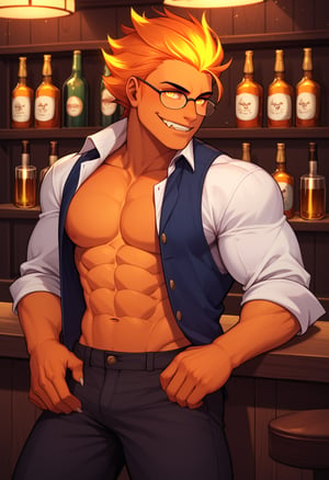 Score_9, Score_8_up, Score_7_up, Grillby (Undertale), (masterpiece, best quality, ultra detailed), (perfect hands, perfect anatomy), male focus, questionable_rating, orange body, yellow eyes, glowing eyes, (in a bar, bar , alcohol bottles), Grillby (Undertale), black pants, (white shirt, open shirt, black vest, open vest, abs, flexed arms, sexy pose, sexy monster, body of fire, orange hair, flame hair, short hair beautiful aesthetic, very intricate, high quality details,glasses, glasses in hands, biting temple of glasses