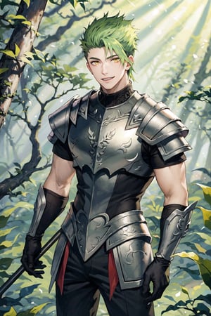 masterpiece, high definition, perfect quality,Vibrant,solo,smile,gloves,1boy,yellow eyes,weapon,male focus,green hair,holding weapon,armor,polearm,spear,in the background a forest, vibrant in vegetation, leaning against a tree,good quality, perfect proportions, perfect hands, beautiful, 8k, beautiful eyes, perfect pupils, perfect pupil,1guy,anime,Achilles,fgo