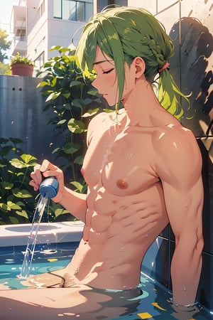 Highly detailed, masterpiece, high quality, beautiful, high resolution, original, 1 man, a vibrant scene in a sunlit park. 1 young adult completely naked, his green hair, long and loose, the length is up to his neck, showering, his toned physique, the water falling down his body. Wet hair, body in profile, 8k, defined face, closed eyes, pink nipples, chest hair, pubic hair, defined pecs, biseps, abs, medium profile body, arms at the sides,intheshower,jmf