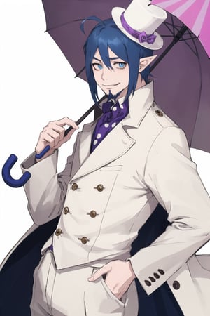 masterpiece, high definition, perfect quality, ao_no_exorcist, mephisto_pheles, alone, looking at viewer, smile, long sleeves, 1 boy, standing, blue hair, male focus, pants, facial hair, hand on waist, top hat, an umbrella, pointed ears, perfect proportions, perfect hands, beautiful, 8k, beautiful eyes, perfect pupils, perfect pupil, 1 child, ahoge, in the background an amusement park,1guy