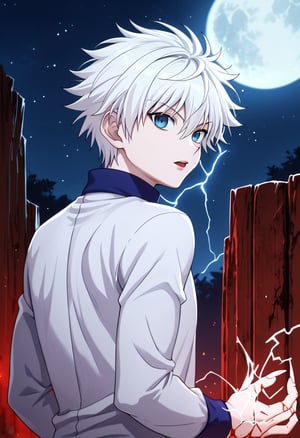 Score_9_up, Score_8_up, Score_7_up, Very detailed, high quality, masterpiece, beautiful, , killua_zoldyck, 1boy, solo, looking at viewer, short hair, open mouth, bangs, blue eyes, shirt, long sleeves, hair between eyes, upper body, white hair, male focus, looking back, electricity, magic, male child, score_8_up, rating_safe, shading, detailed background, good illumination, shiny leather, defined, a cliff, night, stars, full moon, full moon in the backgrounddetails (lora:xl_char_killua_zoldyck:1.0), (countershading: 1.1)  (Electrokinesis:1.3),perfect hands, good handes, perfect fingers,evil expression, murderous expression, blood on the face, blood on the hands, long nails,gore atmosphere, yandere, terrifying atmosphere,empty eyes,ladyshadow,CarnageStyle