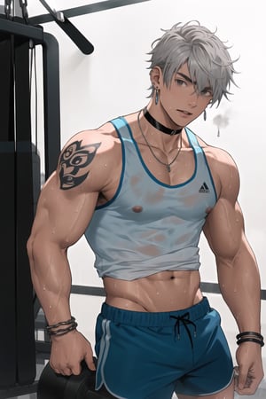 masterpiece, high definition, perfect quality,Vibrant, looking at the viewer, short hair, in a gym , 1boy, inside, day, tank top, white tank top, hair between the eyes, jewelry, closed mouth, nipples, gray hair, male focus, earrings, choker, sweaty body, tattoos, necklace, bracelet, gray eyes, wet, , muscle, chain, piercing, abs, pectoral, muscular, male, rope, nipple pircing,blue shorts, wet,
