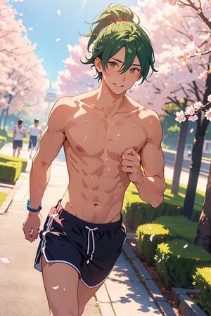 Highly detailed, masterpiece, high quality, beautiful, high resolution, original, 1 man, a vibrant scene in a sunlit park. 1 young adult with elegant black sports shorts, his hair green, long with a ponytail. As he jogs gracefully down a winding path, his toned physique can be seen, jogging shirtless, beads of sweat dripping down his chest. Around him there are cherry blossom trees, which bathe the scene with delicate petals. Despite a light layer of sweat on his face, a radiant smile conveys joy.8k defined face, flirtatious look, pink nipples, chest hair, pubic hair, defined pecs, biseps, abs