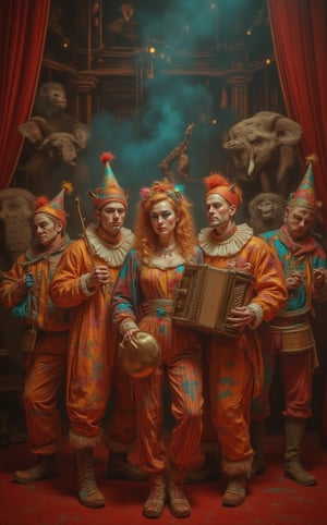 Five beautiful costumed photo models with scoop-off circus clown costumes including red-nosed, they play cymbals, accordion violin, drum and trumpet in the middle of the circus arena between tigers elephants giraffes elephants and monkeys 