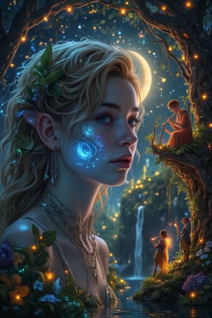 A captivating close-up portrait of an androgynous elf, with delicate features and a serene expression. The elf's face is softly illuminated by the ethereal glow of a waxing crescent moon, casting a gentle blue hue. The elf's flowing hair, adorned with radiant foliage, frames their face beautifully. In the background, the enchanted forest with its intricate canopy of ancient trees, twinkling lights, and vibrant tapestry of greens and golds stretches out, creating a mesmerizing atmosphere. A majestic elf reclines on a gnarled branch, playing a slender flute, while a colorful elf stands amidst lush flora and fauna. A vibrant waterfall cascades gracefully, adding to the serene and magical ambiance. The sky above is a vibrant canvas of countless stars, each one a silent witness to the timeless performance. The scene exudes a profound sense of peace and wonder, inviting the viewer to lose themselves in the fairy tale-like world of the painting. The artist's meticulous attention to detail is evident in every leaf, every beam of moonlight, and every shimmering star, creating an immersive experience that transcends the boundaries of the frame.