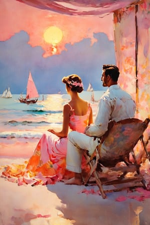 A serene sunset on a picturesque beach. ((A man and a woman)), dressed in vintage swimwear, sitting facing the sea, with theirbacks to the camera, on a large nautical canvas adorned with oriental motifs. They watch the sun set in calm waters, surrounded by an ethereal atmosphere of pastel tones - soft pink, beige, yellow, orange. con pennellate grosse ed evidenti tratti contini, molti dettagli e contrasti di luce