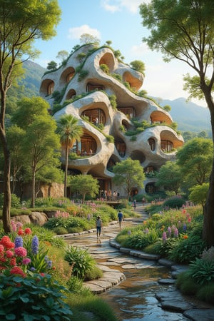 An ultra-realistic 4K photo rich in details of modern contemporany organic big architecture perfectly integrated into nature, city-garden on a human scale, nature and beauty Building, sustainable civilization good life,ilaian_maestro