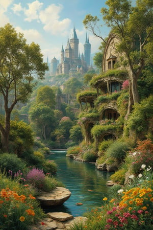 An ultra-realistic photo rich in details of organic architecture perfectly integrated into nature, city, garden on a human scale, nature and beauty, sustainable civilization