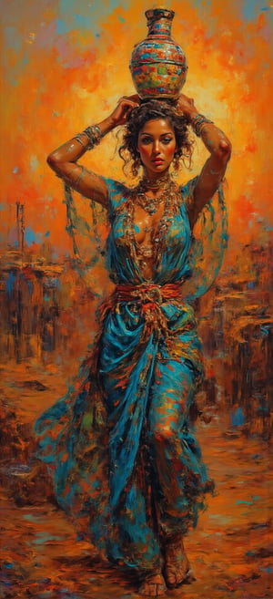 In an oasis in the Sahara desert at sunset a fabulous bedouin woman with many jewels and a rich blue silk brocade dress tied to gold waist with a red and yellow checkered canvas. It moves forward waving sinuous, on the head over the short curly dark hair carries a tapered high white ceramic jar with colorful checkered decorations. The shedding light of sunset caresses her skin in a golden light-dark 