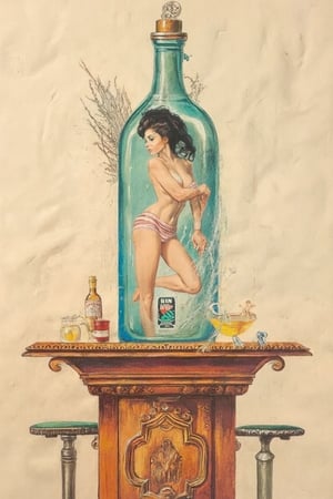 surrealistic watercolor painting on heavily textured parchment paper, antique wooden bar counter in the center, long-necked gin bottle on the counter, beautiful brunette woman in tight-fitting striped one-piece swimsuit inside the bottle, her nipples visible, pounding forcefully on the inside walls of the bottle, trying to get out, pastel colors, detailed