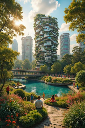 A breathtaking 4K photograph captures the harmony of modern architecture seamlessly integrated with nature. In the city-garden, a majestic building rises organically from the earth, its curvaceous lines blending effortlessly with lush greenery. Soft sunlight casts warm shadows on the structures' intricate details. A serene lake glimmers in the background, reflecting the vibrant hues of the surrounding foliage. People of all ages stroll and sit amidst the natural beauty, embodying sustainable civilization and good life.