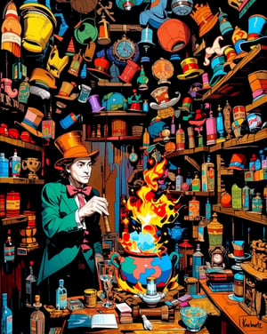 The mad hatter in his high and narrow hat-shop full of tall wooden shelves of all kinds and all shapes of hats is facing a boiling mercury pot and with a fishing rod dip a bowler into the pot 