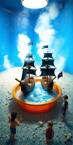 In a blue playroom on the diamond carpet inside an orange basin full of water, an epic naval battle is taking place between two galleons with black sails and pirate flags in the middle of a vortex inside a plastic basin next to two children disguised The smoky cannons of the galleons in the naval basin are looking ecstatic from pirates. The scene must represent the power of fantasy children can see a real naval battle even in simple toys 