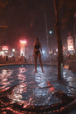 Tania on the tip of a very high trampoline of an indoor pool illuminated by large lighthouses is ready to dive. Tania wears a tight mankini and her hair is gathered