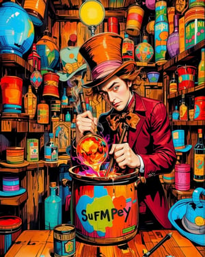 The mad hatter in his high and narrow hat-shop full of tall wooden shelves of all kinds and all shapes of hats is facing a boiling mercury pot and with a fishing rod dip a bowler into the pot 