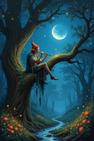 A highly aesthetic and detailed painting set in an enchanted forest with a serene and fabulous atmosphere, with grazing and changing lights, under a sky full of bright stars and a crescent of splendid moon emitting a beautiful blue light. (Resting on a huge oak branch placed very high in the tree is a splendid elf with a pileus as a hat) playing a sweet melody on his flute. Around him, fireflies dance in the air, casting a soft glow. The forest floor is carpeted with vibrant, bioluminescent flowers, and in the distance, a gentle stream reflects the moonlight. The elf’s music seems to harmonize with the rustling leaves and the distant hoot of an owl, creating a magical symphony