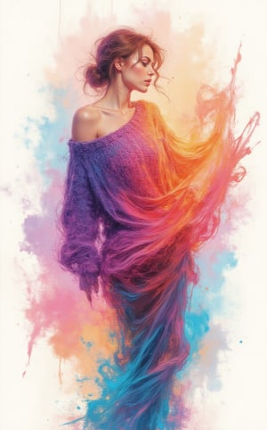 A stunning illustration of a alluringly beauty woman standing gracefully, wearing an oversized sweater with one shoulder exposed, rendered in the bold, textured brushstrokes of Leonid Afremov combined with the fluidity of ink washing. The sweater is painted vibrant colors, cyan, purples, coral and oranges, sweeping fabric is caught in the wind, swirling around her in expressive, high contrast, thick strokes of paint. The flowing material dances through the air, creating a sense of dynamic motion and energy. The vibrant ink brings a subtle, ethereal quality to the swirling fabric, blending into soft, flowing gradients.The background is minimal, allowing the vibrant sweater and soft ink washes to stand out, as the combination of the great artist Afremov’s energetic style.