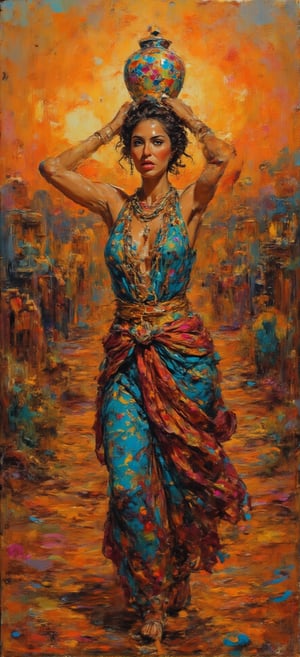 In an oasis in the Sahara desert at sunset a fabulous bedouin woman with many jewels and a rich blue silk brocade dress tied to gold waist with a red and yellow checkered canvas. It moves forward waving sinuous, on the head over the short curly dark hair carries a tapered high white ceramic jar with colorful checkered decorations. The shedding light of sunset caresses her skin in a golden light-dark 