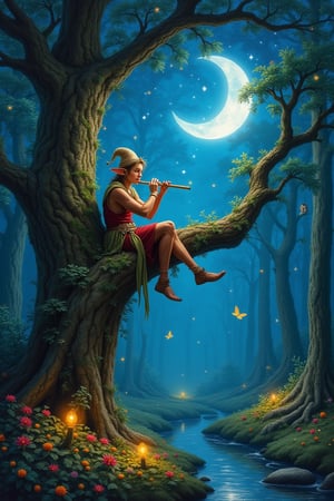 A highly aesthetic and detailed painting set in an enchanted forest with a serene and fabulous atmosphere, with grazing and changing lights, under a sky full of bright stars and a crescent of splendid moon emitting a beautiful blue light. (Resting on a huge oak branch placed very high in the tree is a splendid elf with a pileus as a hat) playing a sweet melody on his flute. Around him, fireflies dance in the air, casting a soft glow. The forest floor is carpeted with vibrant, bioluminescent flowers, and in the distance, a gentle stream reflects the moonlight. The elf’s music seems to harmonize with the rustling leaves and the distant hoot of an owl, creating a magical symphony