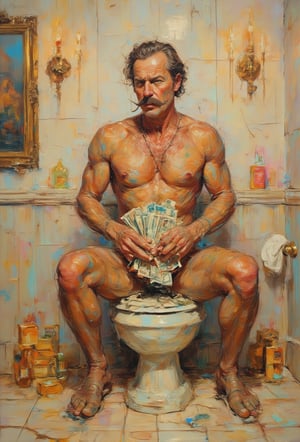 Painted for the series even the rich do the poop, a nice and ironic painting inside a rich modern bathroom in white marble and gold taps, a big banker with cylinder and very thin and tapered hook moustache, without pants and with stockings, Thin, hairy legs he’s sitting on the open toilet seat holding a large pile of dollars rolled up in his hands around notes and gold bars surround him 