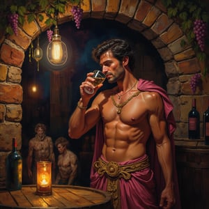 A vivid and intimate portrait closup of mito Bacchus, the 25-year-old god of wine, in a dimly lit cellar suffused with a warm, phosphorescent glow. His disheveled black hair tumbles onto his broad shoulders, framing a face alight with deep black eyes that sparkle with a hint of mischief and red cheeks flushed with the same exuberance that defines his character. A knowing smile graces his lips as he holds a delicately embroidered golden cup to his mouth, savoring the rich bouquet of a freshly poured libation. His physique is athletic and well-defined, the muscles of his chest and arms subtly visible beneath the cling of a fine silk tunic that falls to his knees. A gold belt, intricately crafted and studded with gems, cinches the garment at his waist, emphasizing his lithe form. The tunic is adorned with meticulously woven patterns that shimmer in the soft light, echoing the luxuriousness of the surroundings. The cellar itself is a celebration of nature and indulgence, with garlands of ivy and jasmine draping the arched stone walls, imbuing the space with an air of ancient reverence and festivity. The focal point of the scene is a colossal barrique barrel, standing sentinel like a wooden monument to the art of winemaking. Two fauns, their fur a mix of earthy browns and greens, watch with eager anticipation from the shadows. Their expressions are a blend of hopefulness and anxiety, as if the verdict of Bacchus's palate will dictate the fate of the vintage they have so meticulously tended. The atmosphere is charged with the sweet aroma of fermentation, and the narrow field of vibrant colors—from the deep purples of the grapes to the lush greens of the foliage—highlights the intricate details of the scene. The cellar's ambiance is one of impending revelry, where the line between the divine and the mortal realms blurs in the pursuit of a perfect vintage.