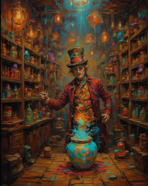 In the whimsical confines of the Mad Hatter's shop, a surreal scene unfolds. The Hatter himself stands amidst towering wooden shelves stacked with an assortment of eccentric hats, his eyes fixed intently on a bubbling mercury pot. With a long fishing rod, he deftly dips a gleaming bowler hat into the swirling liquid, as if conjuring a fantastical concoction. Framed by the shop's high ceiling and narrow windows, the scene is bathed in warm, golden light, casting an air of wonder and curiosity.