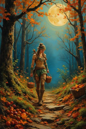 In this serene autumnal scene, bathed in soft lunar light, I wander through a forest floor blanketed with vibrant yellow and crimson leaves, adorned with lush mosses and lichens. Amidst the whispering woods, a gathering of beautiful nymphs, accompanied by playful fauns, assist me as I collect an assortment of inviting chestnuts. The gathered nuts are then carefully placed into rustic wicker baskets, their warm tones contrasting with the cool, moonlit ambiance.