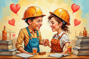 A nice cartoon style caricature of two newlyweds, busy in their trades smile among fluttering hearts, the theme and those who do not work do not make love. The groom is a construction worker who has the carousel the bricks and the trowel instead the bride is a newspaper woman with many books notebooks and magazines 