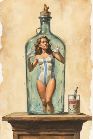 surrealistic watercolor painting on heavily textured parchment paper, antique wooden bar counter in the center, long-necked gin bottle on the counter, beautiful brunette woman in tight-fitting striped one-piece swimsuit inside the bottle, her nipples visible, pounding forcefully on the inside walls of the bottle, trying to get out, pastel colors, detailed