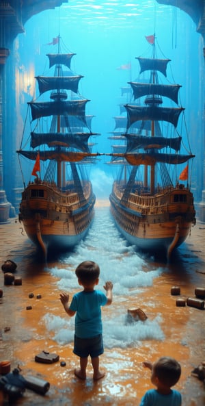 In a blue playroom on the diamond carpet inside an orange basin full of water, an epic naval battle is taking place between two galleons with black sails and pirate flags in the middle of a vortex inside a plastic basin next to two children disguised The smoky cannons of the galleons in the naval basin are looking ecstatic from pirates. The scene must represent the power of fantasy children can see a real naval battle even in simple toys 