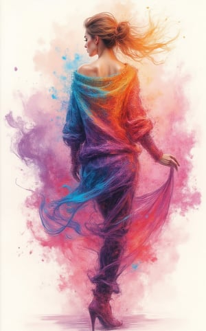 A stunning illustration of a alluringly beauty woman standing gracefully, wearing an oversized sweater with one shoulder exposed, rendered in the bold, textured brushstrokes of Leonid Afremov combined with the fluidity of ink washing. The sweater is painted vibrant colors, cyan, purples, coral and oranges, sweeping fabric is caught in the wind, swirling around her in expressive, high contrast, thick strokes of paint. The flowing material dances through the air, creating a sense of dynamic motion and energy. The vibrant ink brings a subtle, ethereal quality to the swirling fabric, blending into soft, flowing gradients.The background is minimal, allowing the vibrant sweater and soft ink washes to stand out, as the combination of the great artist Afremov’s energetic style.