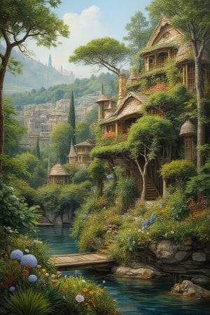 An ultra-realistic photo rich in details of organic architecture perfectly integrated into nature, city, garden on a human scale, nature and beauty, sustainable civilization