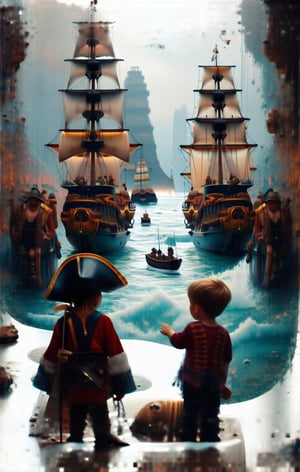 A surreal scene of an epic naval battle between pirate sailing ships in the middle of a stormy vortex inside a plastic basin two children disguised as pirates look ecstatic at the unrealistic naval battle in the basin 