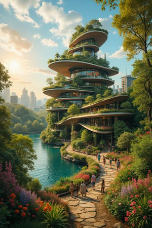 A breathtaking 4K photograph captures the harmony of modern architecture seamlessly integrated with nature. In the city-garden, a majestic building rises organically from the earth, its curvaceous lines blending effortlessly with lush greenery. Soft sunlight casts warm shadows on the structures' intricate details. A serene lake glimmers in the background, reflecting the vibrant hues of the surrounding foliage. People of all ages stroll and sit amidst the natural beauty, embodying sustainable civilization and good life.