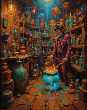 In the whimsical confines of the Mad Hatter's shop, a surreal scene unfolds. The Hatter himself stands amidst towering wooden shelves stacked with an assortment of eccentric hats, his eyes fixed intently on a bubbling mercury pot. With a long fishing rod, he deftly dips a gleaming bowler hat into the swirling liquid, as if conjuring a fantastical concoction. Framed by the shop's high ceiling and narrow windows, the scene is bathed in warm, golden light, casting an air of wonder and curiosity.