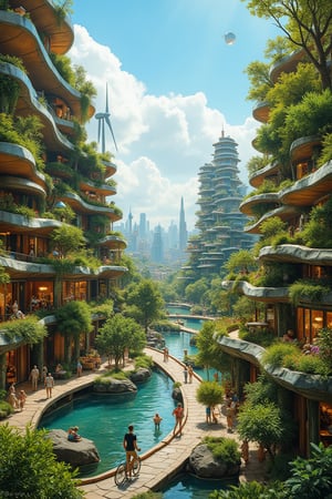 A breathtaking 4K panorama of a futuristic city-garden, where modern organic architecture seamlessly blends with the vibrant tapestry of nature. This vision of a sustainable metropolis features buildings that rise majestically, their curvilinear forms inspired by the natural world. These structures are adorned with lush greenery, creating a vertical jungle that merges the urban and the organic. Every rooftop and balcony is a thriving garden, teeming with a variety of flora, while water features and cascading vines weave in and out of the structures. The cityscape is interspersed with serene parks and green spaces, providing a human scale to the grandeur. People of all ages are engaged in various activities, from cycling along dedicated pathways to relaxing in the shade of giant, sculpted trees. Solar panels and wind turbines are elegantly integrated into the buildings, showcasing the city's commitment to renewable energy. The streets are pedestrian-friendly, with public art installations that harmonize with the surroundings. The air is fresh and clean, and the vibe is one of tranquility and vitality. This ultra-realistic photograph captures the essence of a civilization that has embraced the beauty of nature and the good life, offering a glimpse into an era where technology and ecology coexist in perfect harmony.